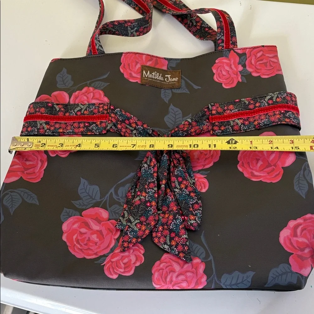 Matilda Jane Waxed Cotton Dark Gray/Black and Pink Floral Shoulder Snap Top Tote
